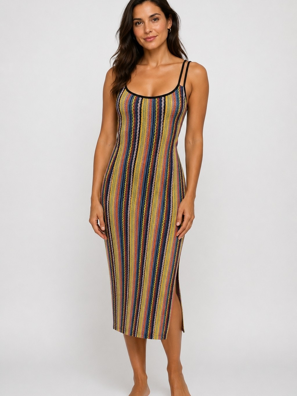 Zara Multicolor Striped Midi Dress with Black Trim